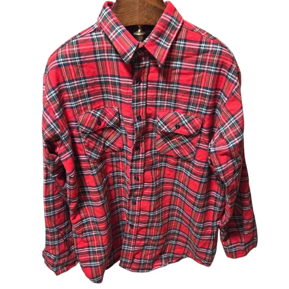 Vintage Five Brother Mens Long Sleeve Red Plaid  Flannel Shirt Sz 3XL Made In US
